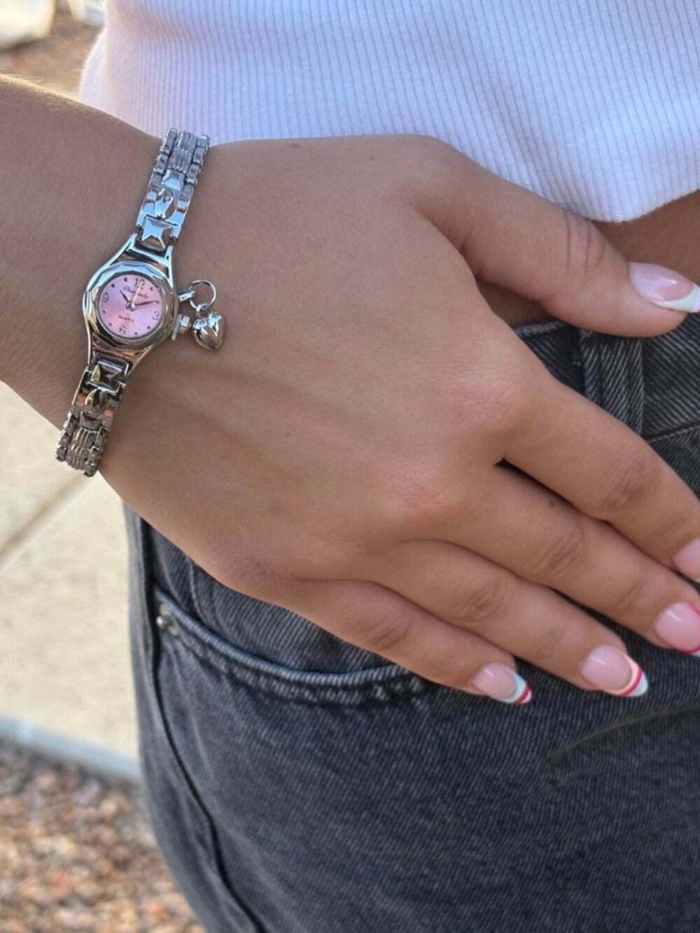 Silver-Tone Pink Dial Quartz Watch with Heart Charm Bracelet